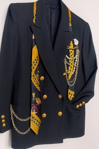 Vintage Black Baroque Blazer (1990s) with Hermès Tie Detail, Pearl Embellishments & Gold Chain Accents