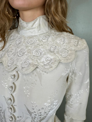Calla, Vintage White Silk Damask, Bias Cut Fishtail Gown
