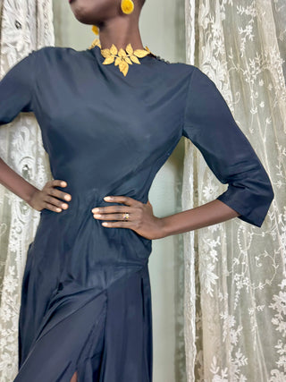 Jil Sanders, 80s Black Silk Slit Dress