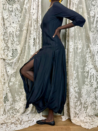 Jil Sanders, 80s Black Silk Slit Dress