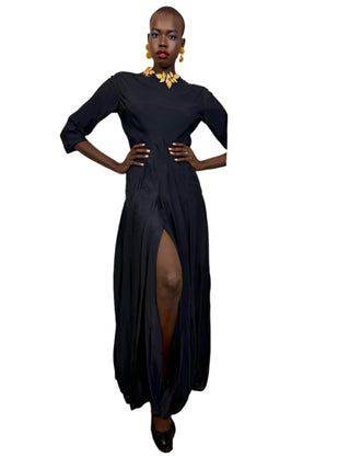 Jil Sanders, 80s Black Silk Slit Dress