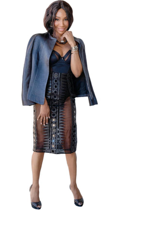Vintage Sheer Pencil Skirt with Black Leather & Mirror Details