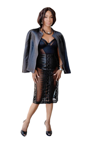 Vintage Sheer Pencil Skirt with Black Leather & Mirror Details