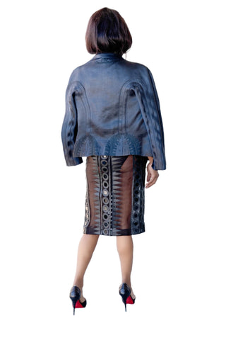 Vintage Sheer Pencil Skirt with Black Leather & Mirror Details