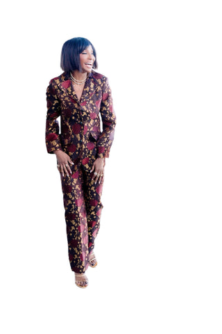 Vintage Moschino Brocade Dark Purple & Gold Three-Piece Suit Ensemble (Jacket, Mini Skirt, Pants)