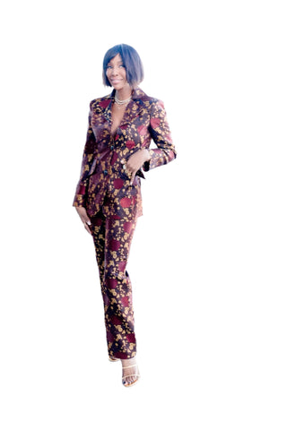 Vintage Moschino Brocade Dark Purple & Gold Three-Piece Suit Ensemble (Jacket, Mini Skirt, Pants)