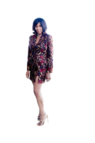 Vintage Moschino Brocade Dark Purple & Gold Three-Piece Suit Ensemble (Jacket, Mini Skirt, Pants)