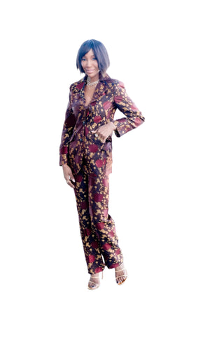 Vintage Moschino Brocade Dark Purple & Gold Three-Piece Suit Ensemble (Jacket, Mini Skirt, Pants)
