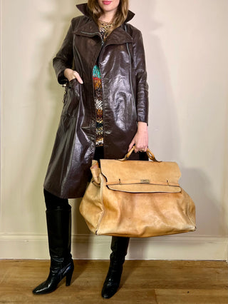Jo, 60s Brown Faux Leather Trench Coat