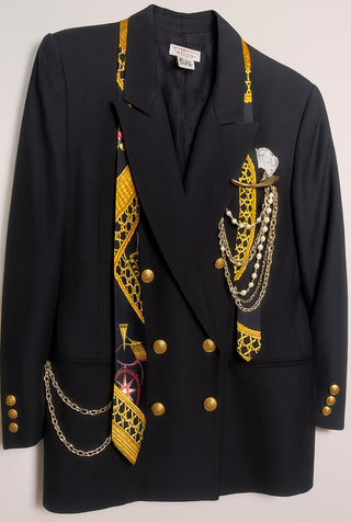 Vintage Black Baroque Blazer (1990s) with Hermès Tie Detail, Pearl Embellishments & Gold Chain Accents