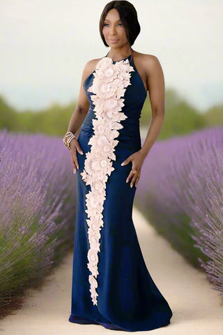 Vintage 2000s Carolina Herrera Navy Silk Halter Gown Pink Appliqúe Flowers