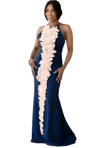 Vintage 2000s Carolina Herrera Navy Silk Halter Gown Pink Appliqúe Flowers