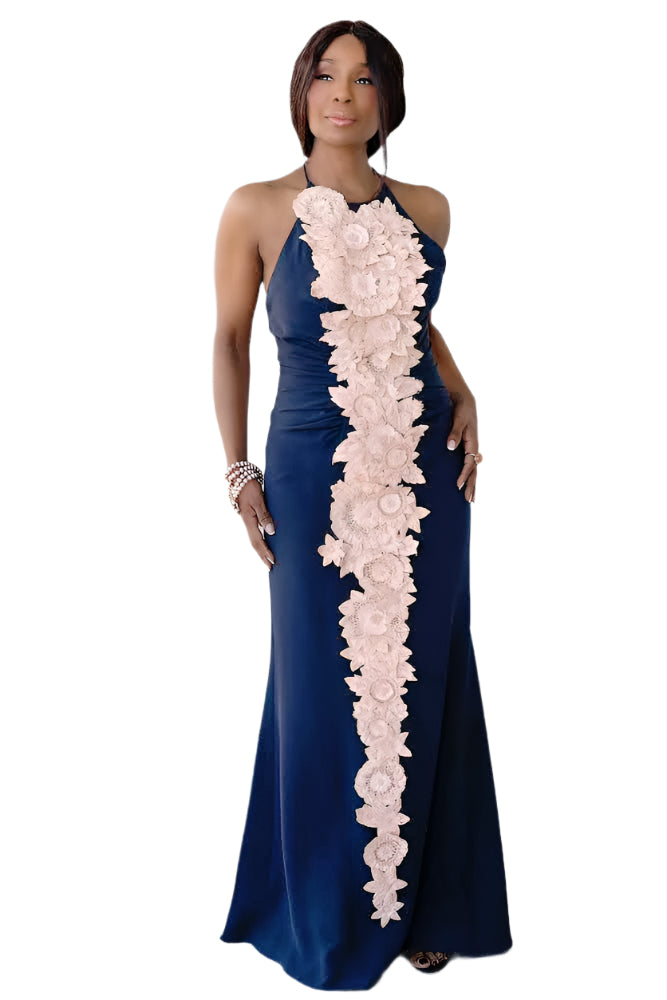 Vintage 2000s Carolina Herrera Navy Silk Halter Gown Pink Appliqe Flo Coveted Mix Vintage 2000s Carolina Herrera Navy Silk Halter Gown Pink Appliqe Flo Coveted Mix