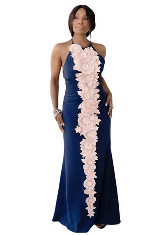 Vintage 2000s Carolina Herrera Navy Silk Halter Gown Pink Appliqúe Flowers