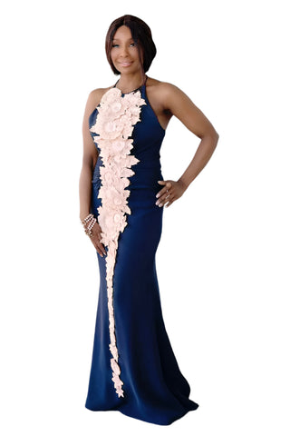 Vintage 2000s Carolina Herrera Navy Silk Halter Gown Pink Appliqúe Flowers