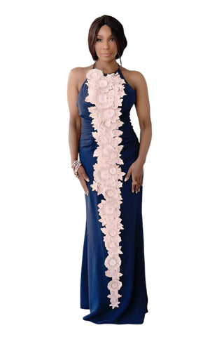 Vintage 2000s Carolina Herrera Navy Silk Halter Gown Pink Appliqúe Flowers