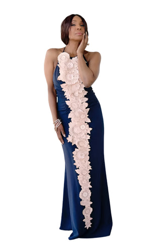 Vintage 2000s Carolina Herrera Navy Silk Halter Gown Pink Appliqúe Flowers
