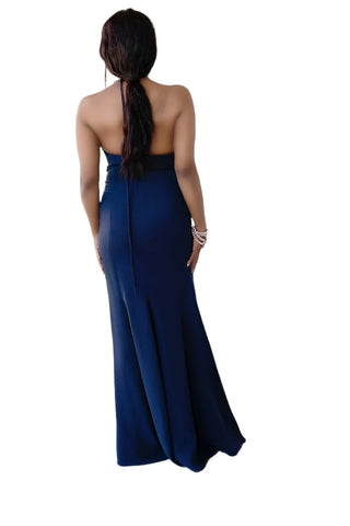 Vintage 2000s Carolina Herrera Navy Silk Halter Gown Pink Appliqúe Flowers
