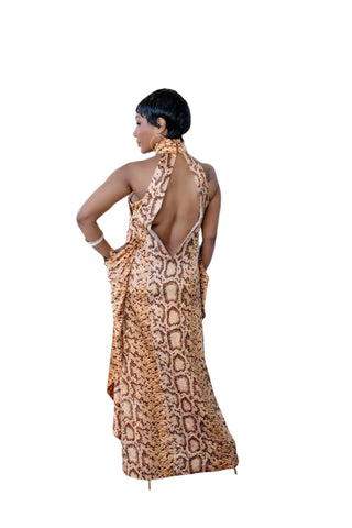 Vintage 1970s Snakeskin Print Satin Batwing Maxi Dress