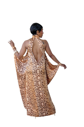 Vintage 1970s Snakeskin Print Satin Batwing Maxi Dress