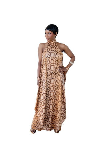 Vintage 1970s Snakeskin Print Satin Batwing Maxi Dress