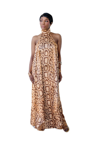 Vintage 1970s Snakeskin Print Satin Batwing Maxi Dress