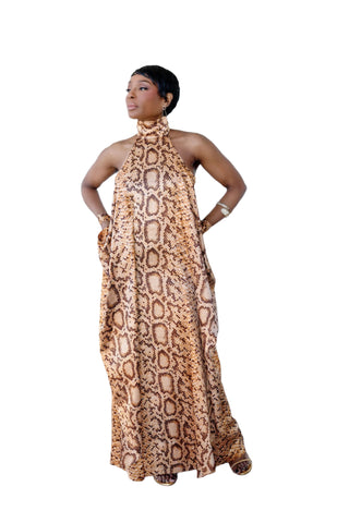 Vintage 1970s Snakeskin Print Satin Batwing Maxi Dress