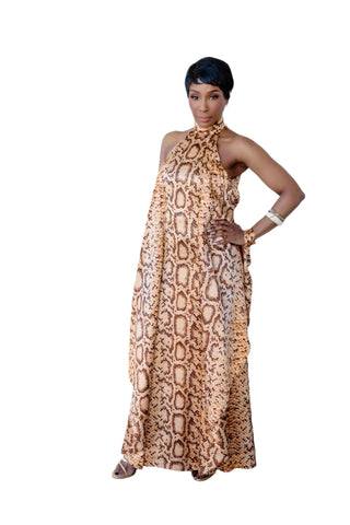 Vintage 1970s Snakeskin Print Satin Batwing Maxi Dress