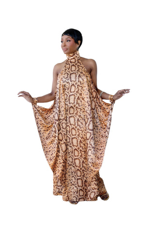 Vintage 1970s Snakeskin Print Satin Batwing Maxi Dress