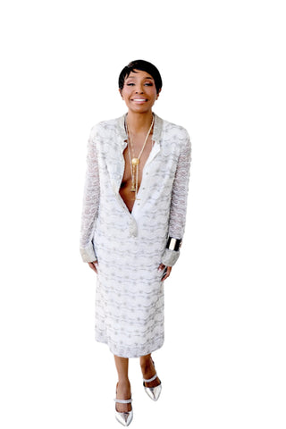Vintage White Pearl & Silver Beaded Lace Dress