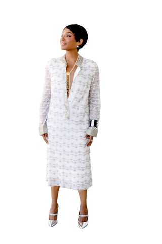 Vintage White Pearl & Silver Beaded Lace Dress