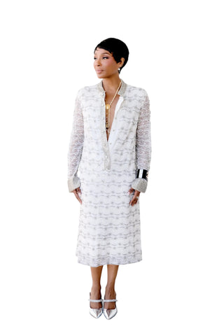 Vintage White Pearl & Silver Beaded Lace Dress