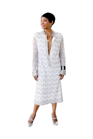 Vintage White Pearl & Silver Beaded Lace Dress