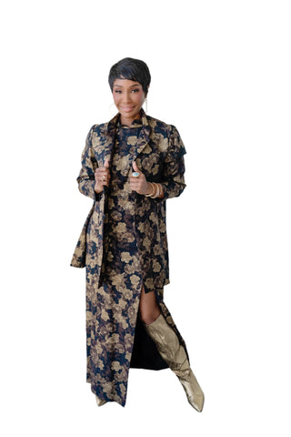 Vintage Bonnie Allen Asian Inspired Sleeveless Gold Metallic Black Floral Print Dress & Matching Jacket