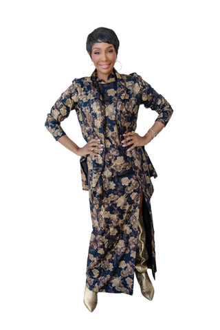 Vintage Bonnie Allen Asian Inspired Sleeveless Gold Metallic Black Floral Print Dress & Matching Jacket