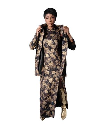 Vintage Bonnie Allen Asian Inspired Sleeveless Gold Metallic Black Floral Print Dress & Matching Jacket