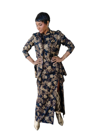 Vintage Bonnie Allen Asian Inspired Sleeveless Gold Metallic Black Floral Print Dress & Matching Jacket