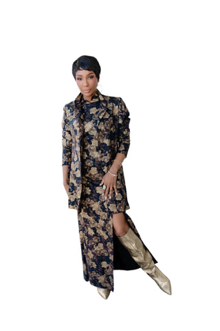 Vintage Bonnie Allen Asian Inspired Sleeveless Gold Metallic Black Floral Print Dress & Matching Jacket