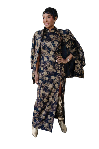Vintage Bonnie Allen Asian Inspired Sleeveless Gold Metallic Black Floral Print Dress & Matching Jacket