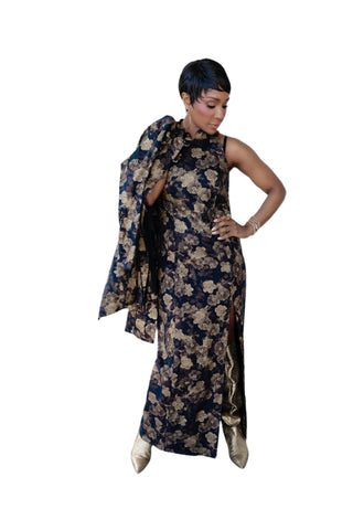 Vintage Bonnie Allen Asian Inspired Sleeveless Gold Metallic Black Floral Print Dress & Matching Jacket