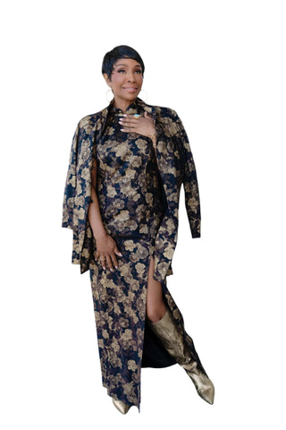 Vintage Bonnie Allen Asian Inspired Sleeveless Gold Metallic Black Floral Print Dress & Matching Jacket