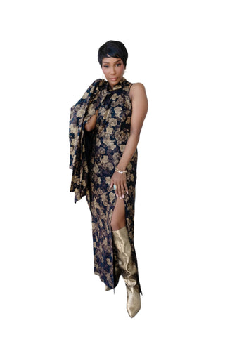 Vintage Bonnie Allen Asian Inspired Sleeveless Gold Metallic Black Floral Print Dress & Matching Jacket