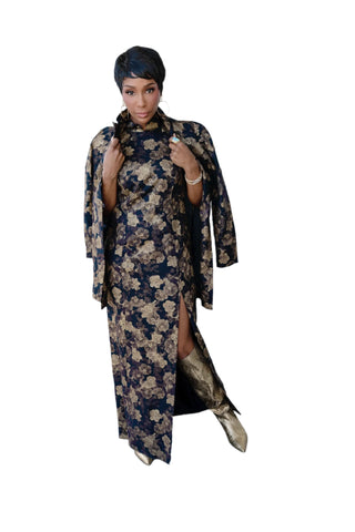 Vintage Bonnie Allen Asian Inspired Sleeveless Gold Metallic Black Floral Print Dress & Matching Jacket