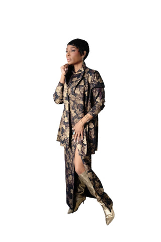 Vintage Bonnie Allen Asian Inspired Sleeveless Gold Metallic Black Floral Print Dress & Matching Jacket