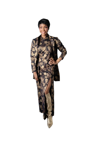 Vintage Bonnie Allen Asian Inspired Sleeveless Gold Metallic Black Floral Print Dress & Matching Jacket