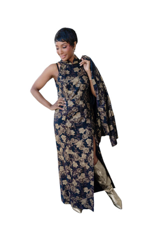 Vintage Bonnie Allen Asian Inspired Sleeveless Gold Metallic Black Floral Print Dress & Matching Jacket