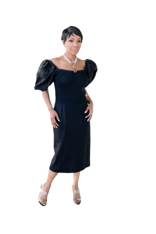 Vintage St. John for I. Magnin Black Knit Dress with Exaggerated Puff Sleeves