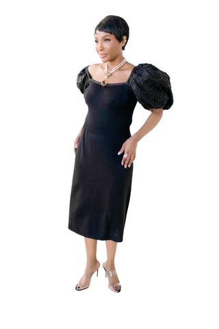 Vintage St. John for I. Magnin Black Knit Dress with Exaggerated Puff Sleeves
