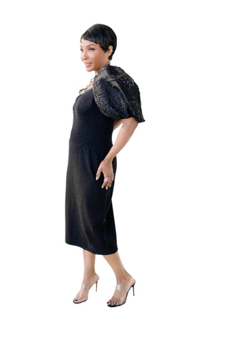 Vintage St. John for I. Magnin Black Knit Dress with Exaggerated Puff Sleeves