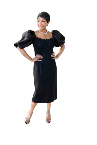 Vintage St. John for I. Magnin Black Knit Dress with Exaggerated Puff Sleeves